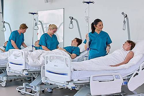 Übungssituation mit Pflegekräften an Patient*innen in 4 Pflegebetten