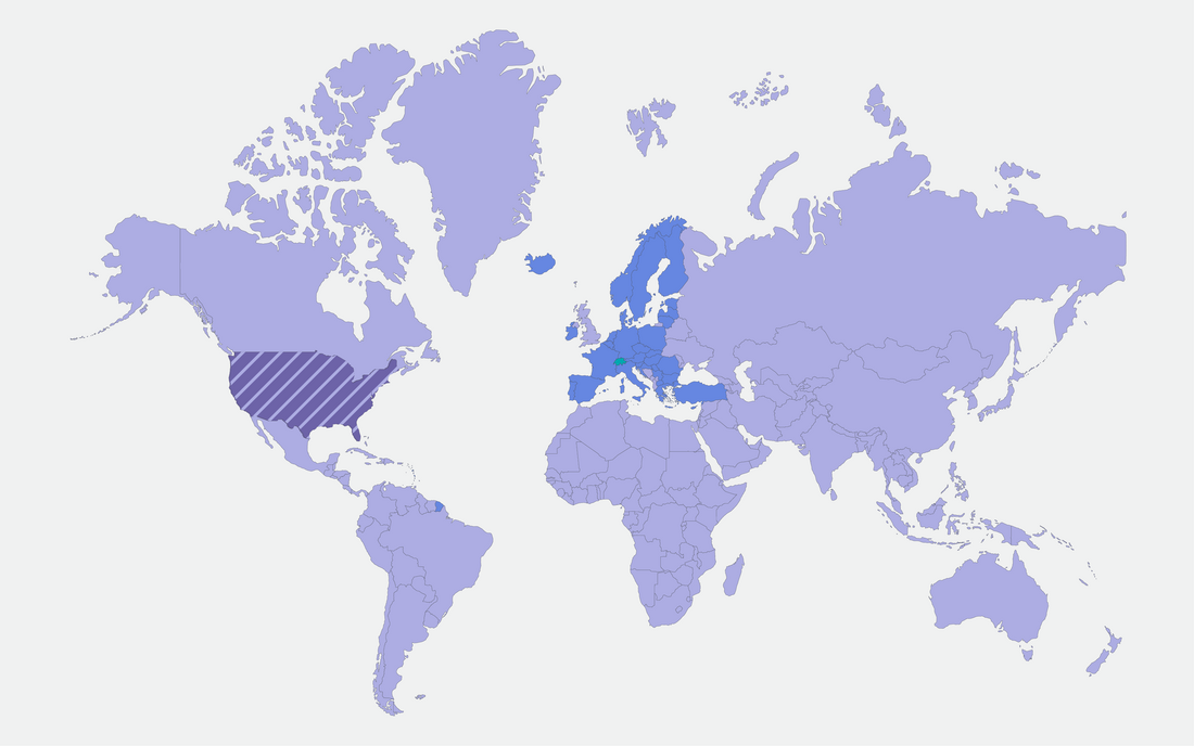 Weltkarte zeigt die möglichen Ländern farblich nach Programm zusammengefasst. 