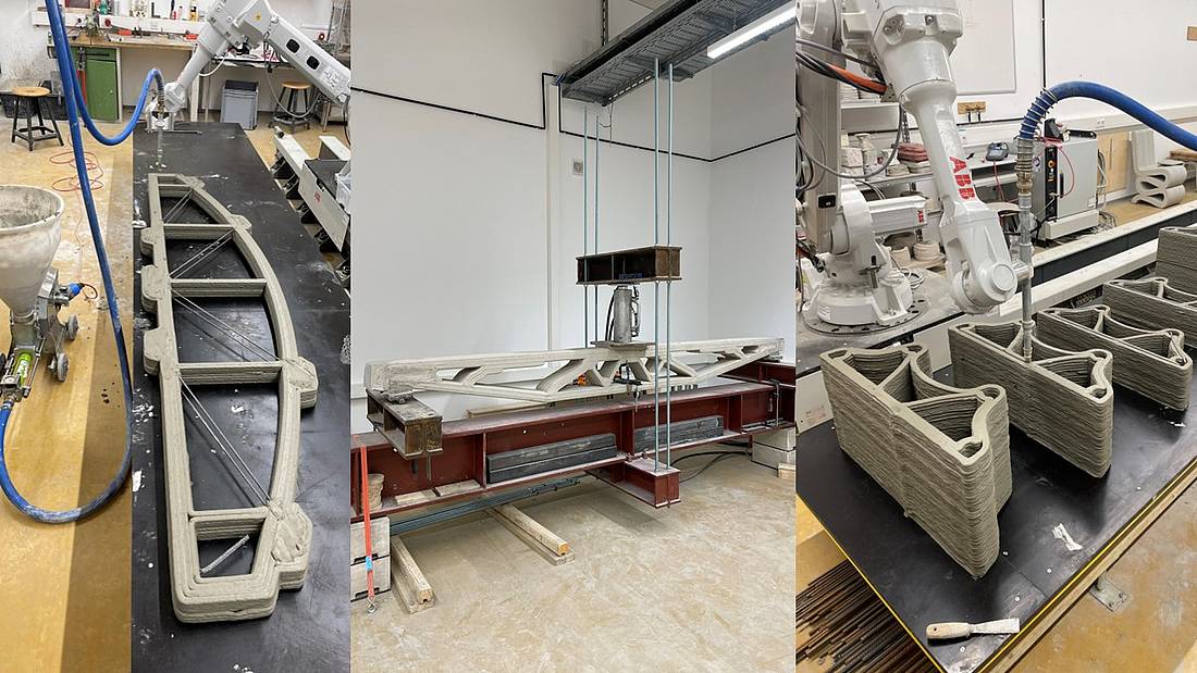 © Hochschule Campus Wien | Marc-Patrick Pfleger 3D-Drucker die mit einem Roboter arbeitet, um Betonstrukturen zu drucken