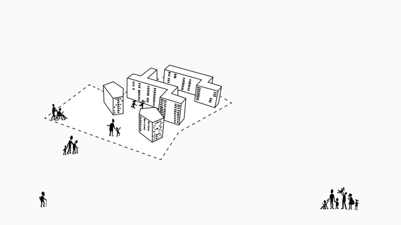 Grafik mit Wohnhäusern und Menschen