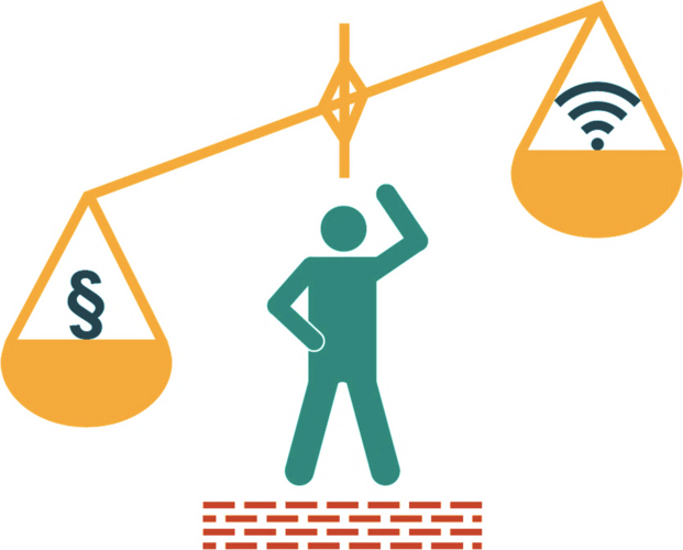 CC BY Dahlvik/Pirker Eine Waage, auf der linken Waagenschale liegt ein Paragraphen-Symbol, auf der rechten Waagenschalte liegt ein Symbol für Digitalisierung