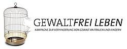 Vogelkäfig bei dem das Gitter auf der rechten Seite durchbrochen ist. Rechts daneben der Wortlaut: Gewaltfrei leben
