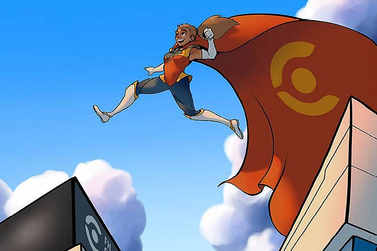 Cartoon Superheld*in springt über die HCW Gebäude