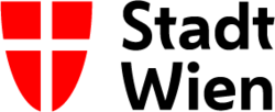 Wien Wappen links in rot und weiß und rechts ein schwarzer Schriftzug mit dem Text Stadt Wien über zwei Zeilen