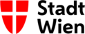 Wien Wappen links in rot und weiß und rechts ein schwarzer Schriftzug mit dem Text Stadt Wien über zwei Zeilen