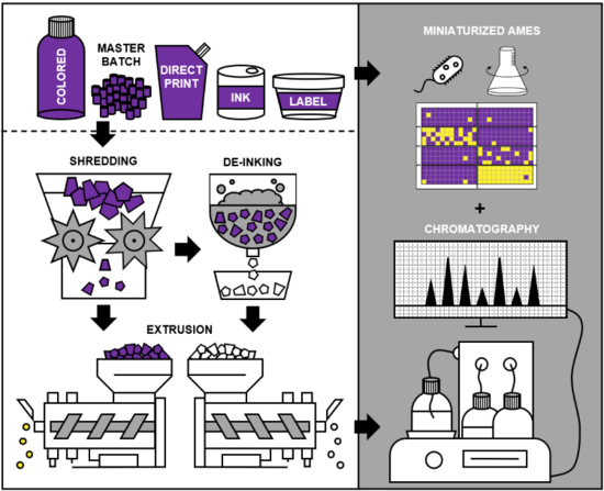 Schematischer Überblick über das Projekt: Herstellung definierter farbiger Proben durch Simulation eines mechanischen Recyclingprozesses und deren Analyse mittels In-vitro-Bioassays und chemischer Methoden