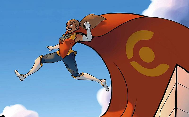 Cartoon einer Superheldin mit wehendem Cape, die über Hausdächer springt.