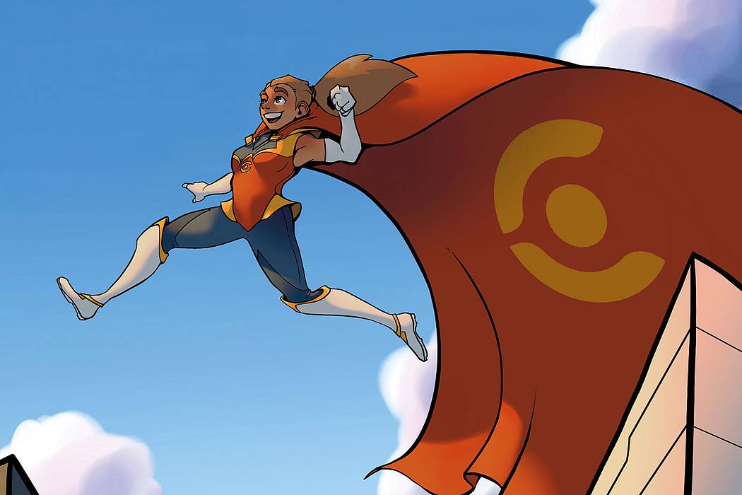 Cartoon einer Superheldin mit wehendem Cape, die über Hausdächer springt.