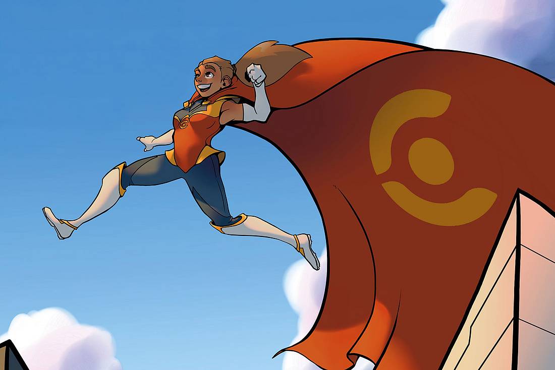 Cartoon einer Superheldin mit wehendem Cape, die über Hausdächer springt.