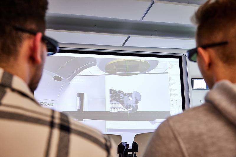 Eine Leinwand zeigt eine Simulation. Davor stehen mit dem Rücken zum Betrachter zwei Personen, die eine VR-Brille tragen und auf die Leinwand blicken.