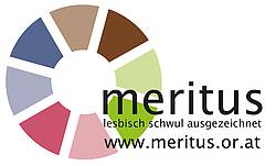 Kreis bestehend aus mehreren farbigen Elementen, die mit dem Schriftzug meritus lesbisch schwul ausgezeichnet www.meritus.or.at überlagert sind