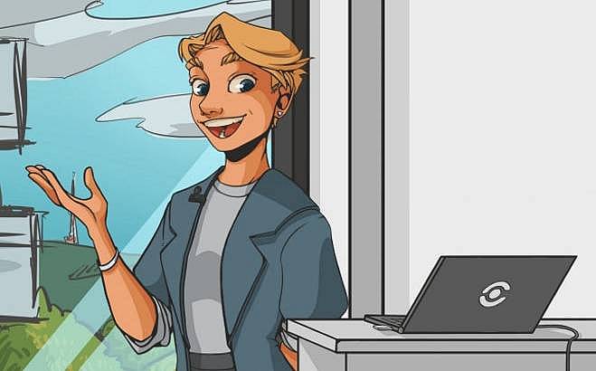 Comiczeichnung mit Person, die vor dem Laptop steht und präsentiert