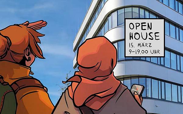 Gezeichnetes Bild, 2 junge Personen von hinten stehen vor der Hochschule Campus Wien