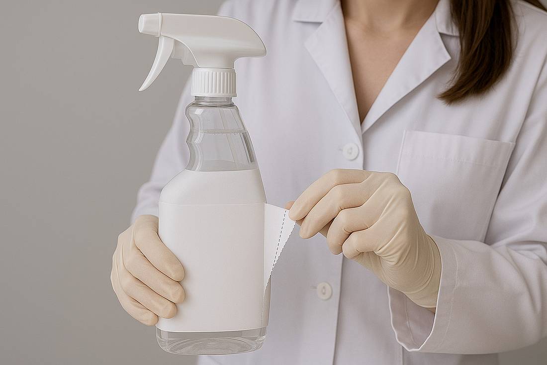 KI-generiertes Bild Eine Person in Laborkittel und mit Einweghandschuhen zieht eine Schrumpffolie von einer Plastikverpackung ab