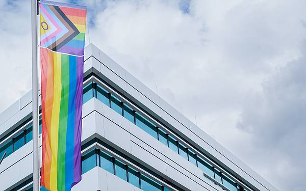 Die Pride Progress Flag vor dem Gebäude der Hochschule Campus Wien.