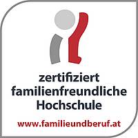 Gütezeichen Hochschule und Familie mit dem Wortlaut: zertifizierte familienfreundliche Hochschule