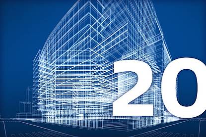 Entwurf eines Gebäude mit der Zahl 20 im Vordergrund