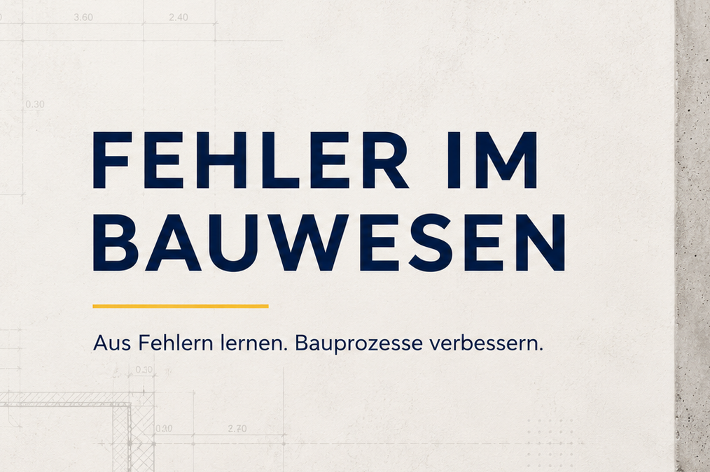 "Fehler im Bauwesen – Aus Fehlern lernen. Bauprozesse verbessern". Daneben eine Steinplatte mit einem Riss, der mit Goldlack geflickt wurde.