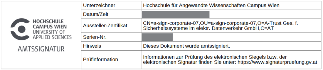 Beispiel der Amtssignatur der Hochschule Campus Wien