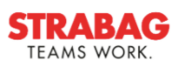 Das Strabag Teams Work Logo ist in roten Blockbuchstaben abgebildet