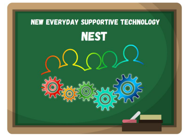 Grafik einer Schultafel mit den Umrissen von 5 Personen. Schriftzug "New everyday supportive technology - Nest" und ineinander verzahnte Zahnräder darunter.