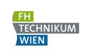 Die Worte F H Technikum Wien sind auf grünem, grauem und blauem Grund weis dargestellt.