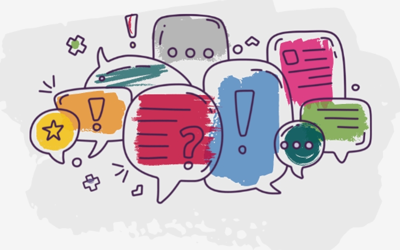 Stilisierte Sprechblasen mit Fragezeichen und Ausrufezeichen sind abgebildet