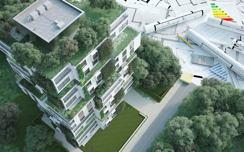 © Franck Boston/Shutterstock.com Das digitale Modell eines modernen begrünten Neubaus ist abgebildet