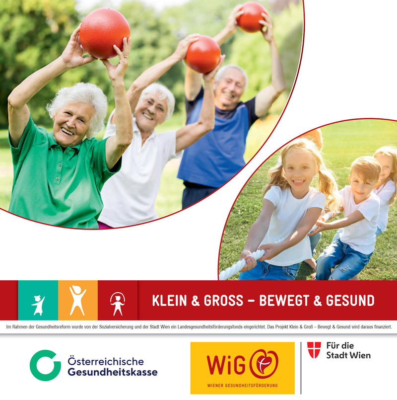 three senior citizens and three children doing gymnastic exercises on a green area 