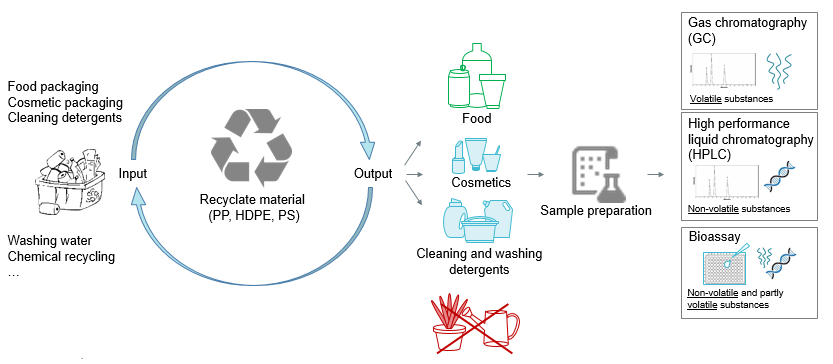 Schematische Darstellung des Forschungsprozesses. Recycelte Verpackungen für Nahrung, Kosmetik und Waschmittel werden stichprobenartig untersucht. Je nach Substanz mit Gaschromatographie, Hochleistungsflüssigkeitschromatographie oder Biotests.