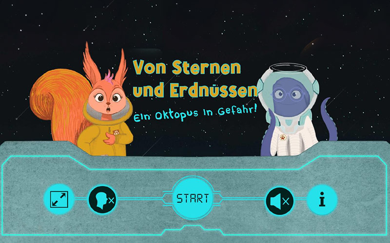 © Claudia Bucek / Vienom Ein Eichhörnchen und ein Oktopus in Raumanzügen, zwischen ihnen die Schrift "Von Sternen und Erdnüssen - Ein Oktopus in Gefahr"