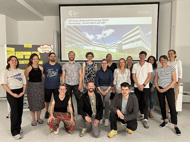 Workshop Gruppe vor einer Projekt-Präsentation per Beamer