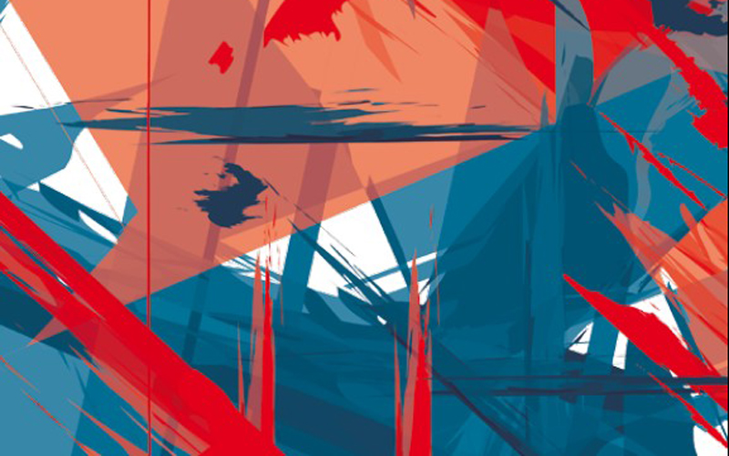 © HCW Ausschnitt aus einem abstrakten Gemälde in den Farben Rot, Blau und Weiß