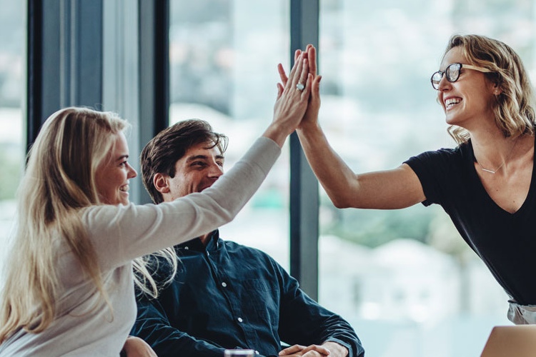3 Personen im Meeting, 2 geben sich einen High-Five