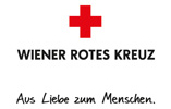 Das Logo des Wiener Roten Kreuz ist abgebildet. Das symbolische rote Kreuz steht über dem Schriftzug: Wiener rotes Kreuz, aus Liebe zum Leben.