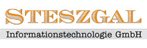 Das Logo der Steszgal Informationstechnologie G M B H ist dargestellt. Die Bezeichnung Steszgal ist in orange ausgeschrieben, darunter steht kleiner in schwarz Informationstechnologie G M B H.