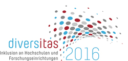 Logo von diversitas mit dem Wortlaut: Inklusion an Hochschulen und Forschungseinrichtungen 2016. Aus dem Wortlaut kommen Punkte in verschiedenen Farben.