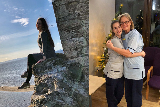 Photocollage mit zwei Bildern. Linke Seite: Frau am Strand sitzt auf Felsen. Rechte Seite: Zwei Frauen in einem Zimmer umarmen einander