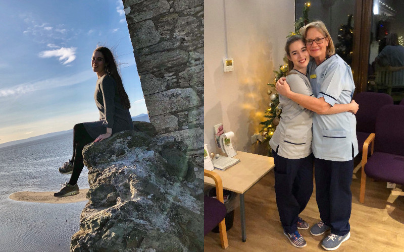 Photocollage mit zwei Bildern. Linke Seite: Frau am Strand sitzt auf Felsen. Rechte Seite: Zwei Frauen in einem Zimmer umarmen einander