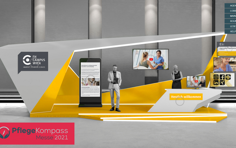 Screenshot von einem digitalen Messestand mit Screens, Handys und Folder zum Anklicken