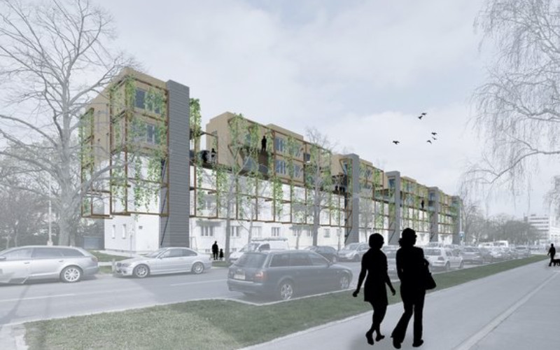 (c) FH Campus Wien digitale Projektzeichnung eines GEmeindebaus mit Straße, Bäumen und am Gehsteig gehenden Menschen