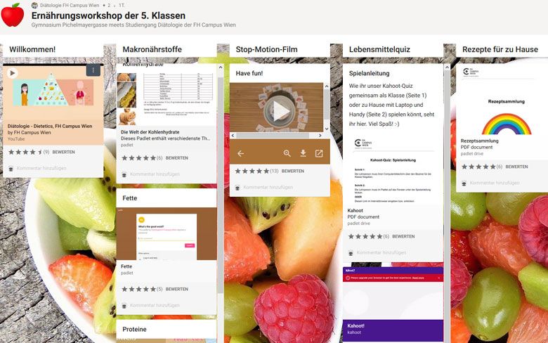 Padlet für das Gymnasium Pichelmayergasse zum Ernährungsworkshop Inhalten zu: Mikronärstoffen, Lebensmittelquiz, Rezepten, etc.