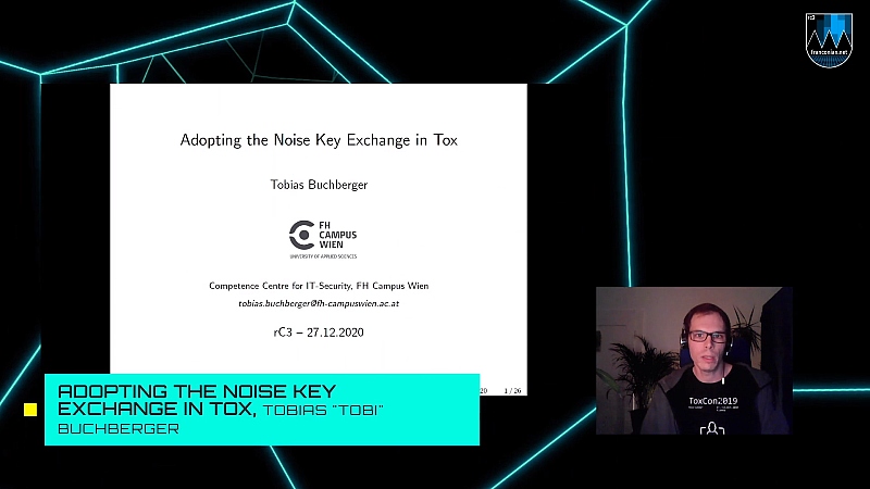 Foto (c) Chaos Computer Club Tobias Buchberger bei seinem Vortrag Adopting the Noise Key Exchange in Tox