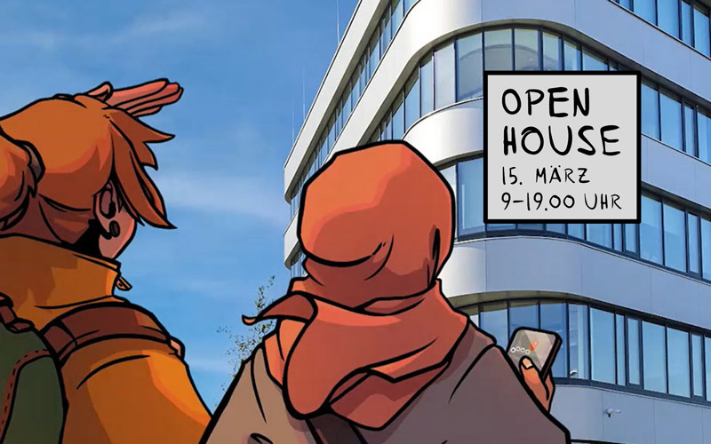 © HCW/Adina Barth Gezeichnetes Bild, 2 junge Personen von hinten stehen vor der Hochschule Campus Wien