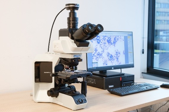 © HCW/Leitner Ein Mikroskop auf einem Tisch; daneben ein Computer, der einen Scan von mikroskopischen Präparaten zeigt.