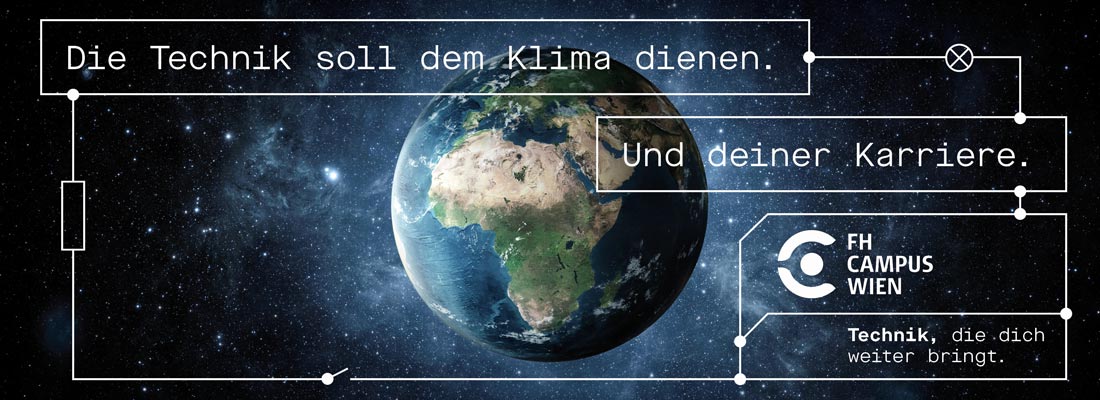 Blick auf die Erde aus dem Weltraum. Schriftzug: Die Technik soll dem Klima dienen. Und deiner Karriere. Technik, die dich weiterbringt