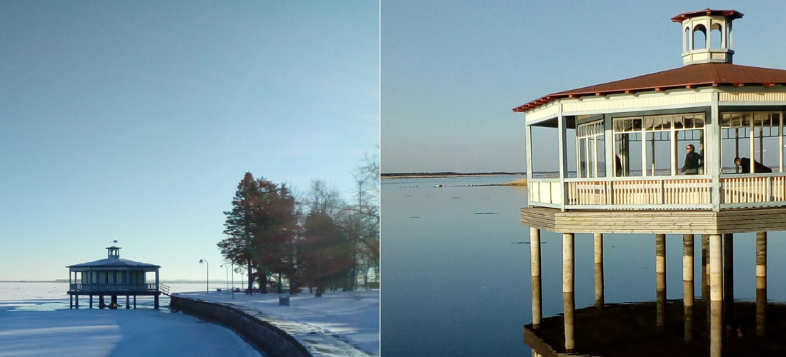 Zwei Aufnahmen eines Pavillons zu verschiedenen Jahreszeiten