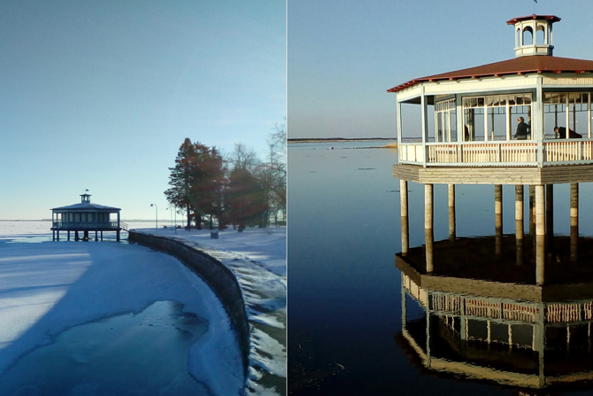 Zwei Aufnahmen eines Pavillons, links im verschneiten Winter und rechts im Sommer
