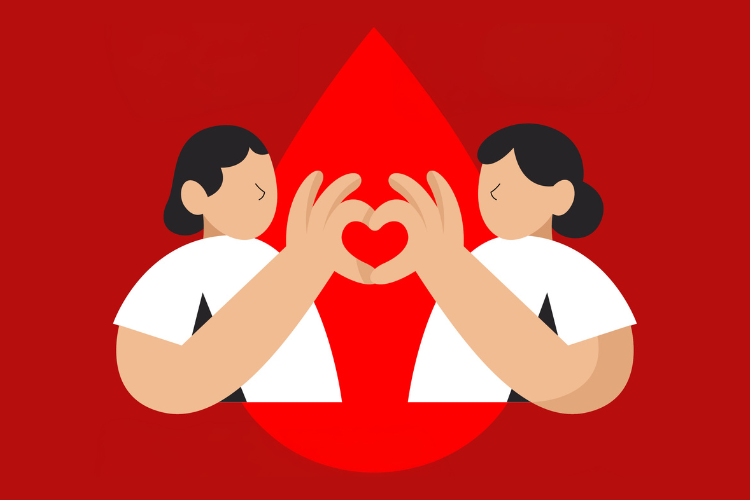 © Rotes Kreuz Illustration zweier Personen in weißen T-Shirts die mit ihren Händen ein Herz formen, im Hintergrund ist ein roter Blutstropfen dargestellt