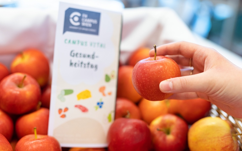 Ein Korb voll mit Äpfeln im Hintergrund, eine Hand hält einen Apfel in die Kamera